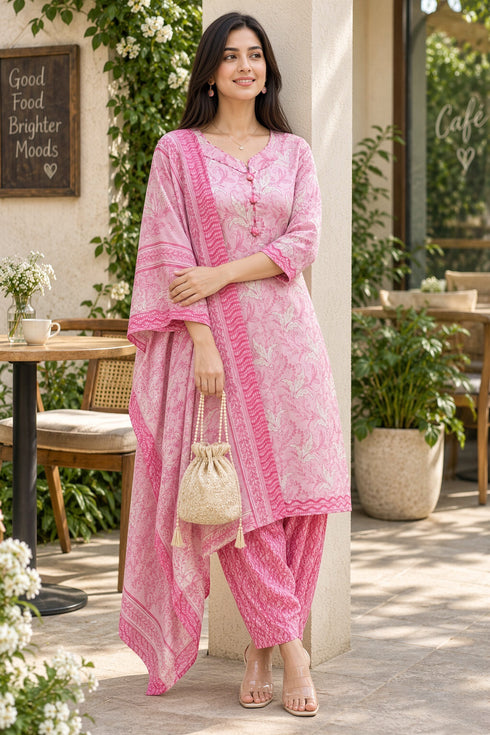 Baby Pink Cotton Blend Printed Ready to Wear Patiala Salwar Suit
