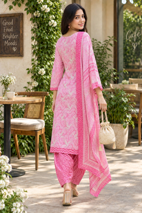 Baby Pink Cotton Blend Printed Ready to Wear Patiala Salwar Suit