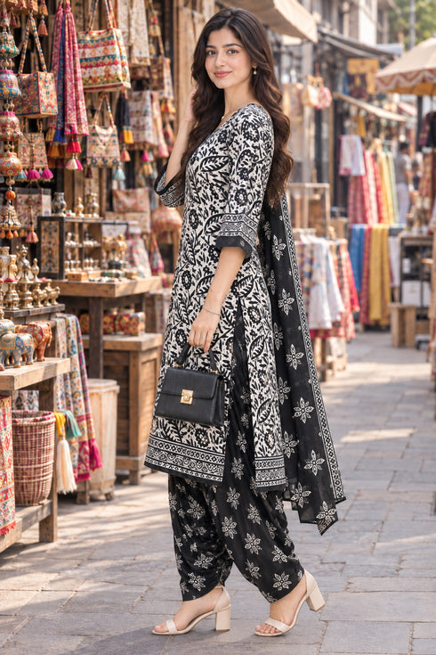 White & Black Cotton Blend Printed Ready to Wear Patiala Salwar Suit