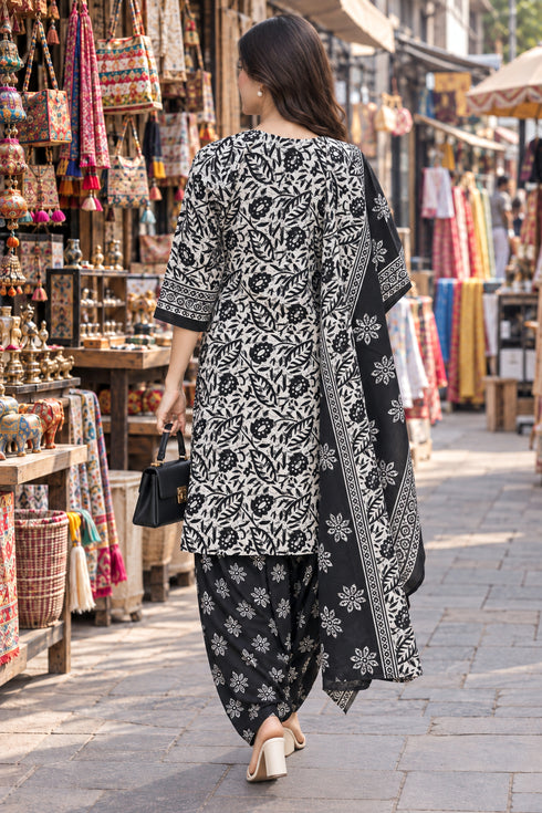 White & Black Cotton Blend Printed Ready to Wear Patiala Salwar Suit
