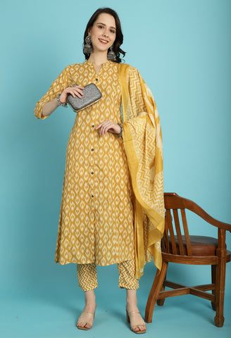 Mustard PC Cotton Jaipuri Printed Kurta With Pant & Dupatta