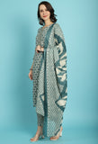 Sea Green PC Cotton Jaipuri Printed Kurta With Pant & Dupatta