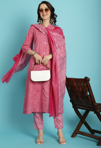 Pink PC Cotton Jaipuri Printed Kurta With Pant & Dupatta