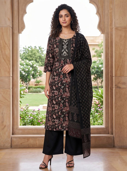 Black Cotton Jaipuri Printed Kurta & Pant With Dupatta