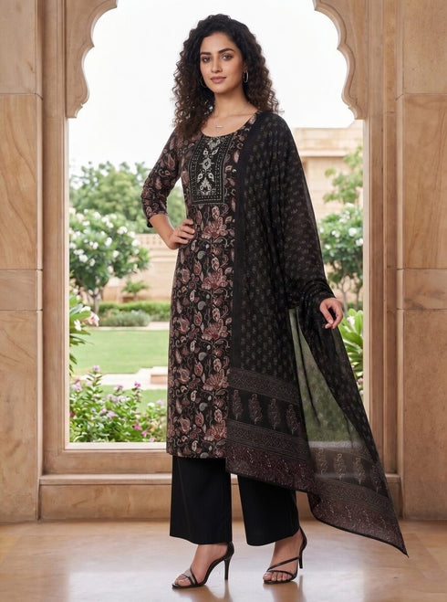 Black Cotton Jaipuri Printed Kurta & Pant With Dupatta