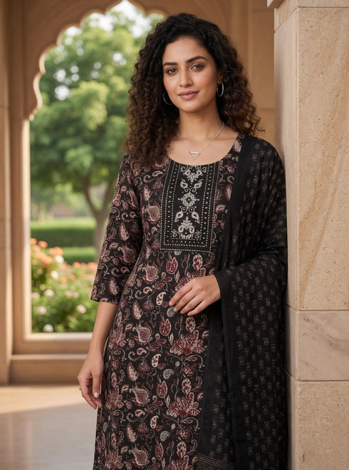 Black Cotton Jaipuri Printed Kurta & Pant With Dupatta