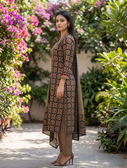 Cotton Blend Jaipuri Printed Kurta & Pant With Dupatta