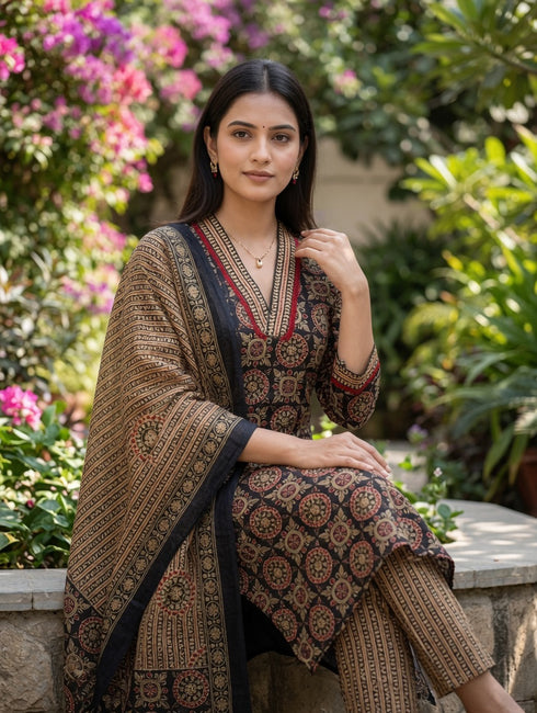 Cotton Blend Jaipuri Printed Kurta & Pant With Dupatta