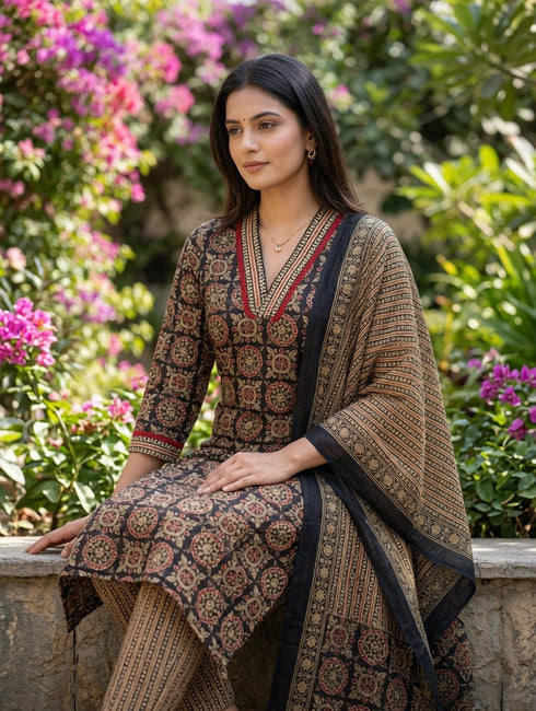 Cotton Blend Jaipuri Printed Kurta & Pant With Dupatta