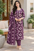 Wine Cotton Blend Jaipuri Printed Straight Kurta & Pant With Dupatta