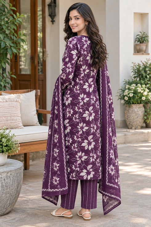 Wine Cotton Blend Jaipuri Printed Straight Kurta & Pant With Dupatta