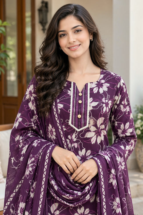 Wine Cotton Blend Jaipuri Printed Straight Kurta & Pant With Dupatta