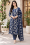 Navy Blue Cotton Blend Jaipuri Printed Straight Kurta & Pant With Dupatta