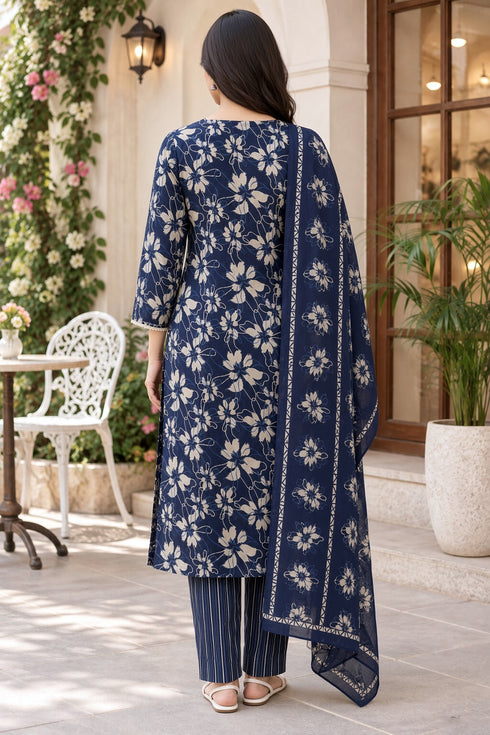 Navy Blue Cotton Blend Jaipuri Printed Straight Kurta & Pant With Dupatta