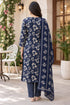 Navy Blue Cotton Blend Jaipuri Printed Straight Kurta & Pant With Dupatta
