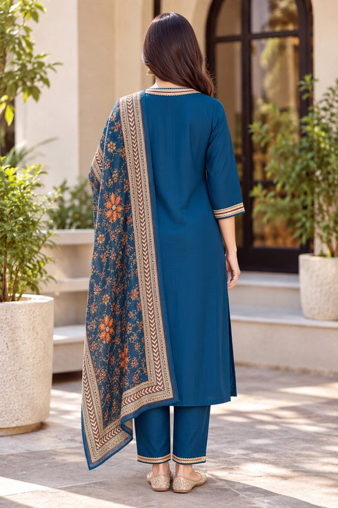 Blue Cotton Blend Solid kurta sets women
