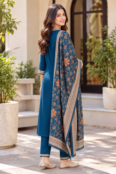 Blue Cotton Blend Solid kurta sets women