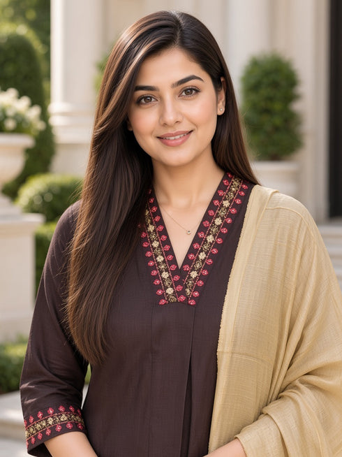 Brown Cotton Blend Solid Kurta sets women