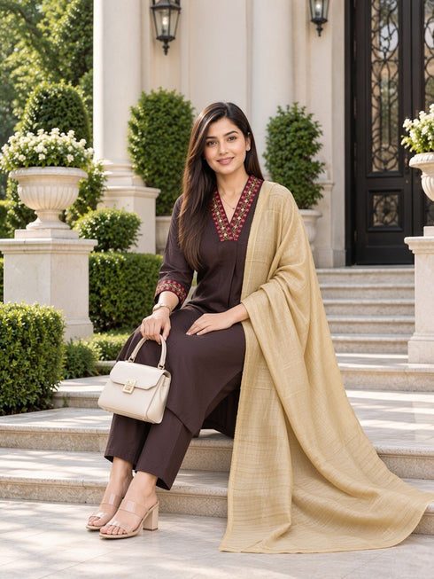 Brown Cotton Blend Solid Kurta sets women