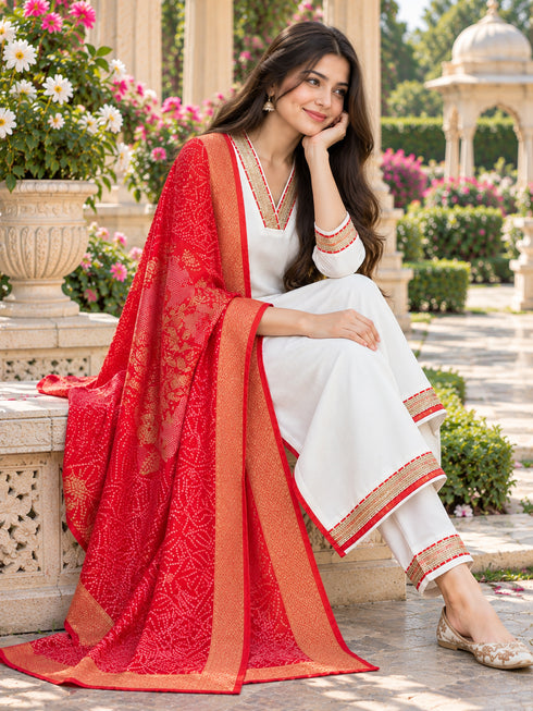 White And Red Cotton Blend Solid Kurta sets women