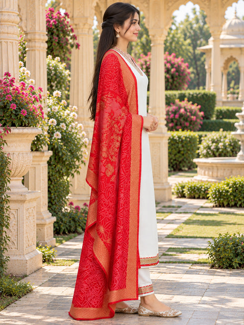 White And Red Cotton Blend Solid Kurta sets women