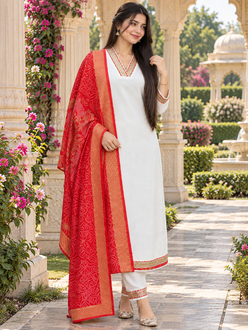 White And Red Cotton Blend Solid Kurta sets women