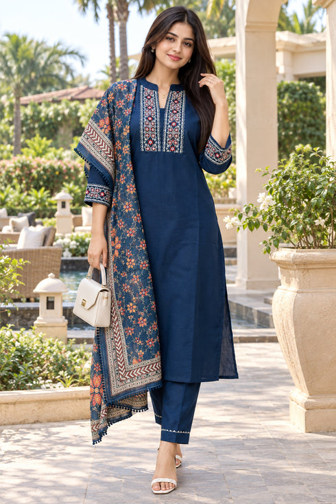 Navy Blue Cotton Blend Embroidered kurta sets women