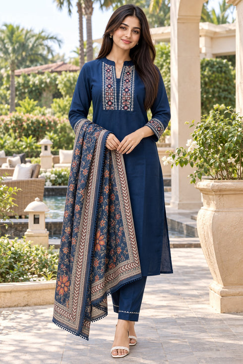 Navy Blue Cotton Blend Embroidered kurta sets women
