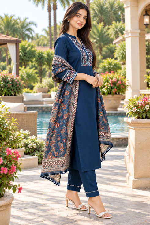 Navy Blue Cotton Blend Embroidered kurta sets women