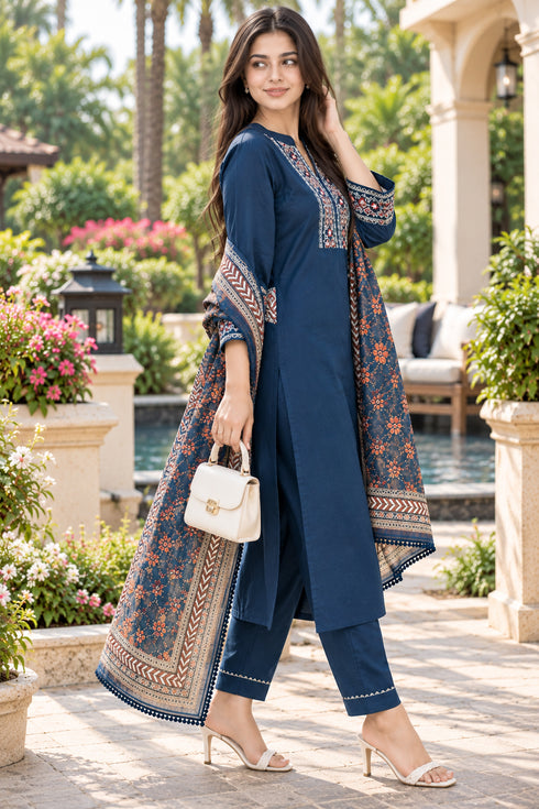 Navy Blue Cotton Blend Embroidered kurta sets women
