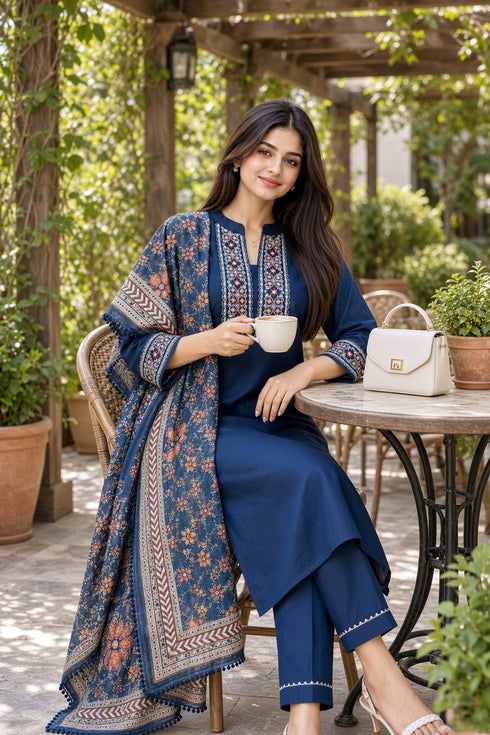 Navy Blue Cotton Blend Embroidered kurta sets women