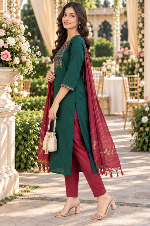 Bottle Green Cotton Blend Embroidered kurta sets women