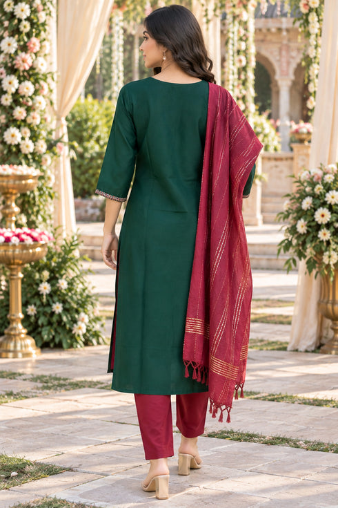 Bottle Green Cotton Blend Embroidered kurta sets women