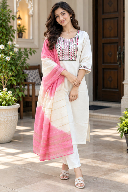 White Cotton Blend Embroidered Straight Kurta & Pant With Dupatta ST321WH0826