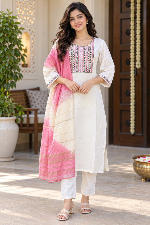 White Cotton Blend Embroidered Straight Kurta & Pant With Dupatta ST321WH0826