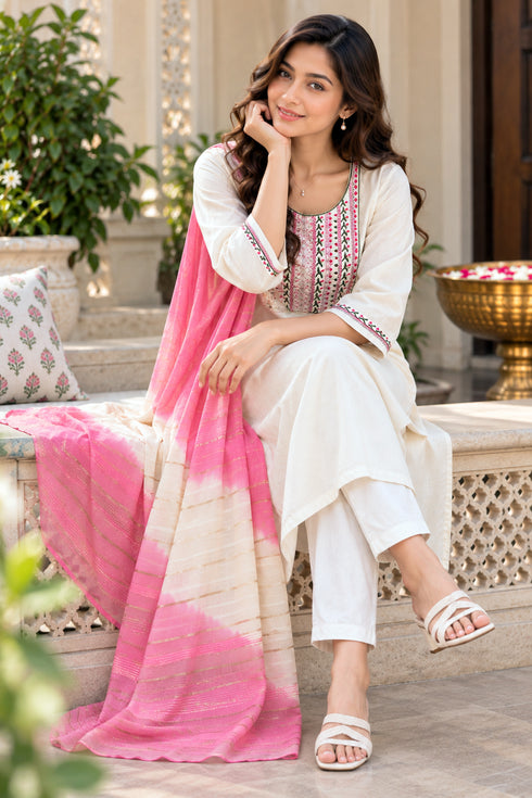 White Cotton Blend Embroidered Straight Kurta & Pant With Dupatta ST321WH0826