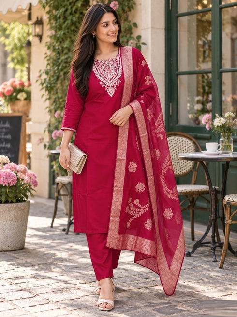 Maroon Cotton Blend Embroidered Kurta sets women