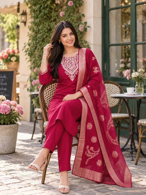 Maroon Cotton Blend Embroidered Kurta sets women
