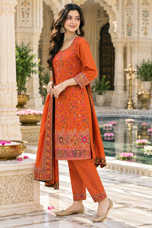 Orange Silk Blend Jacquard Woven with Inner Straight Kurta & Pant With Dupatta