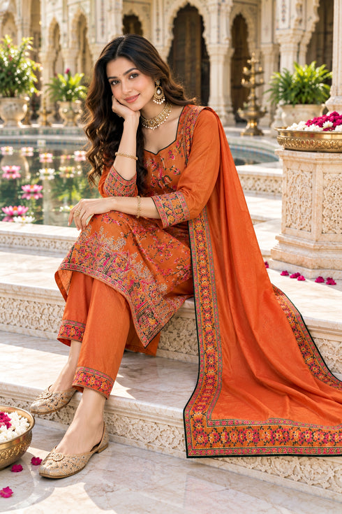Orange Silk Blend Jacquard Woven with Inner Straight Kurta & Pant With Dupatta