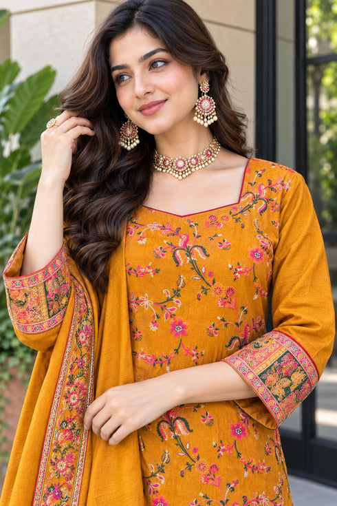 Mustard Yellow Silk Blend Jacquard Woven with Inner Straight Kurta & Pant With Dupatta