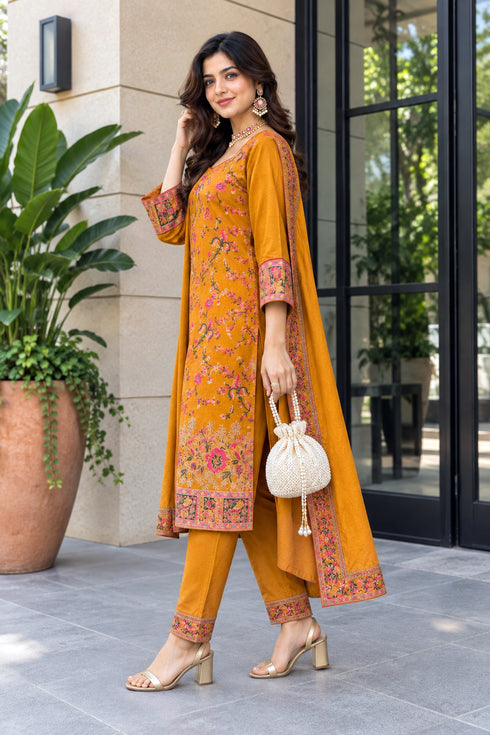 Mustard Yellow Silk Blend Jacquard Woven with Inner Straight Kurta & Pant With Dupatta