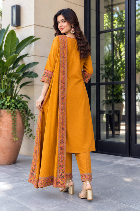 Mustard Yellow Silk Blend Jacquard Woven with Inner Straight Kurta & Pant With Dupatta