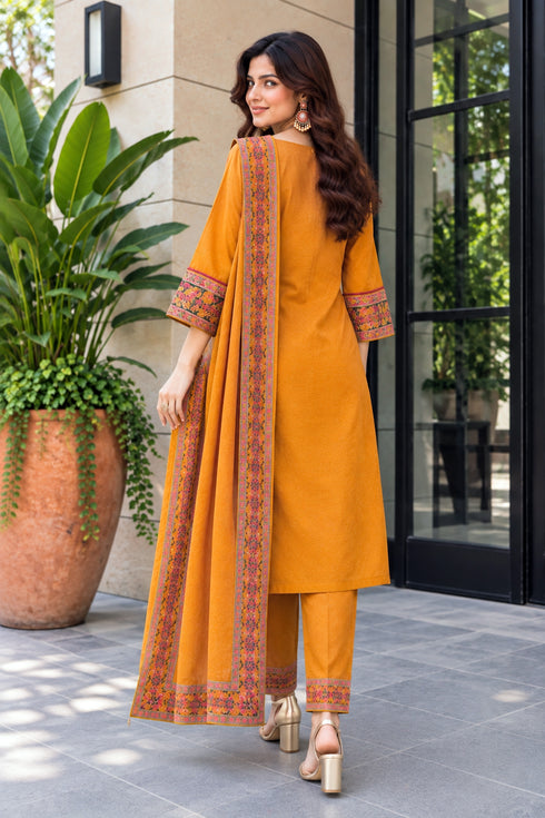 Mustard Yellow Silk Blend Jacquard Woven with Inner Straight Kurta & Pant With Dupatta