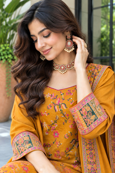 Mustard Yellow Silk Blend Jacquard Woven with Inner Straight Kurta & Pant With Dupatta