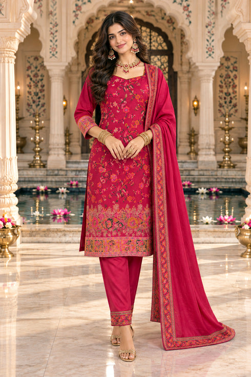 Pink Silk Blend Jacquard Woven with Inner Straight Kurta & Pant With Dupatta