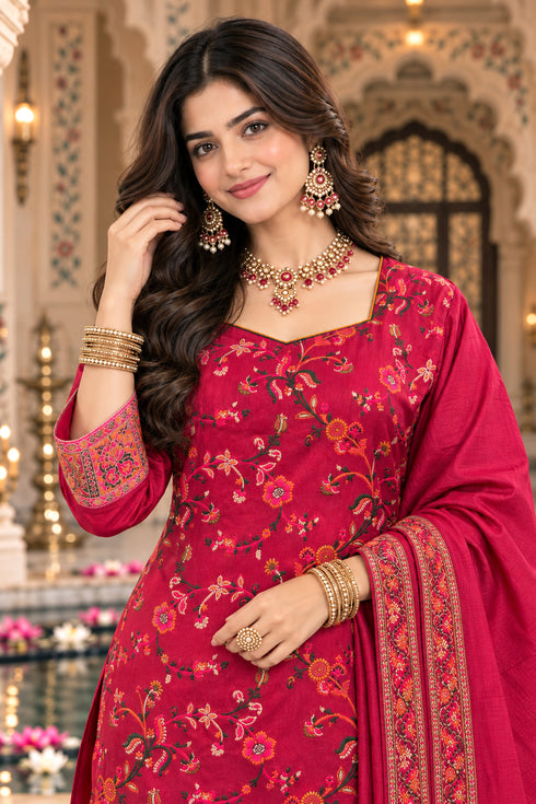 Pink Silk Blend Jacquard Woven with Inner Straight Kurta & Pant With Dupatta