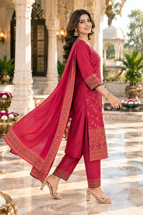 Pink Silk Blend Jacquard Woven with Inner Straight Kurta & Pant With Dupatta