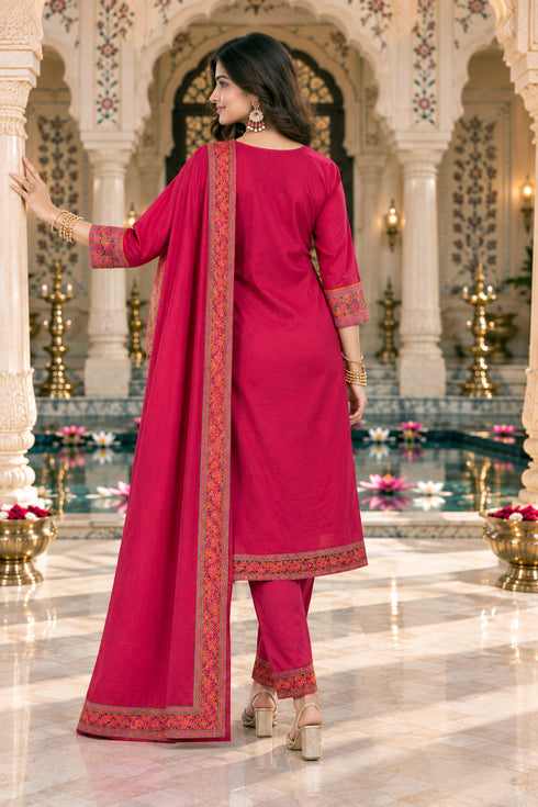 Pink Silk Blend Jacquard Woven with Inner Straight Kurta & Pant With Dupatta