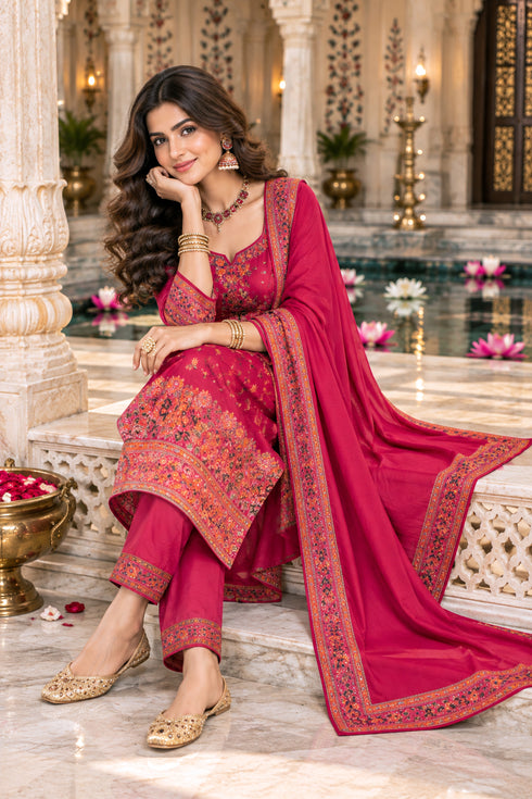 Pink Silk Blend Jacquard Woven with Inner Straight Kurta & Pant With Dupatta